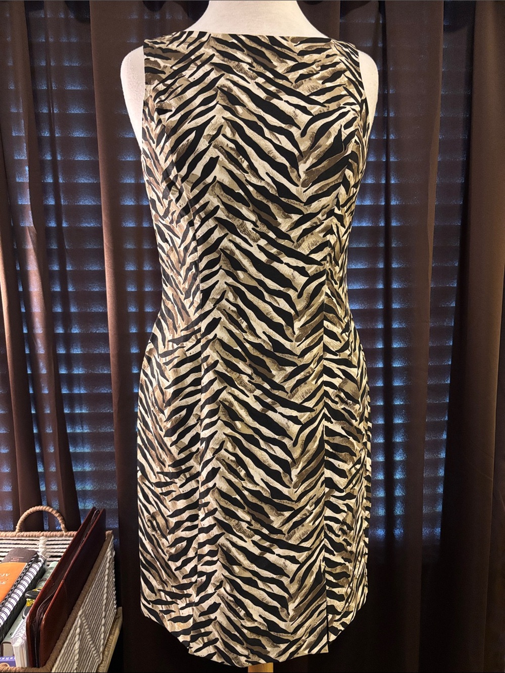 Adrianna Papell Sleeveless Zebra Print Shift Dress in Black and Cream